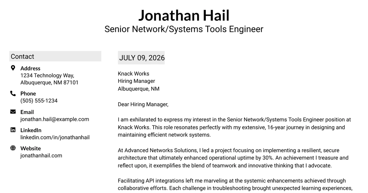 30+ Senior Network/Systems Tools Engineer Cover Letter Templates with Example 2026