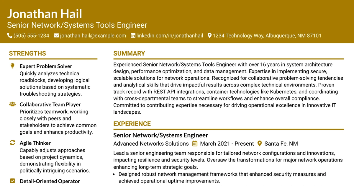 33 Senior Network/Systems Tools Engineer Resume Templates with Example 2026 (ATS-Optimized)