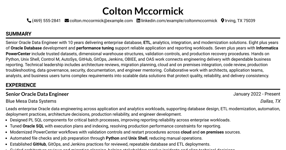 7 Senior Oracle Data Engineer Resume Templates with Example