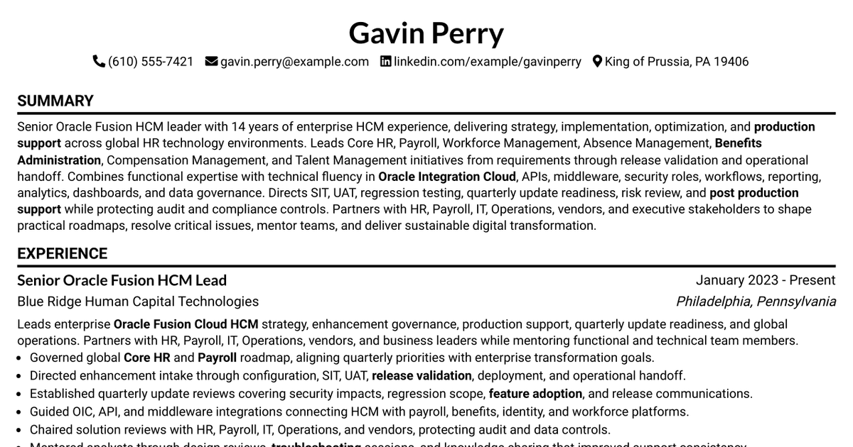 7 Senior Oracle Fusion HCM Lead Resume Templates with Example