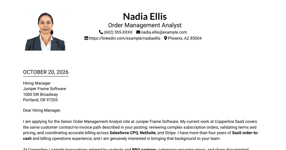 7 Senior Order Management Analyst - SaaS Billing Operations Cover Letter Templates with Example