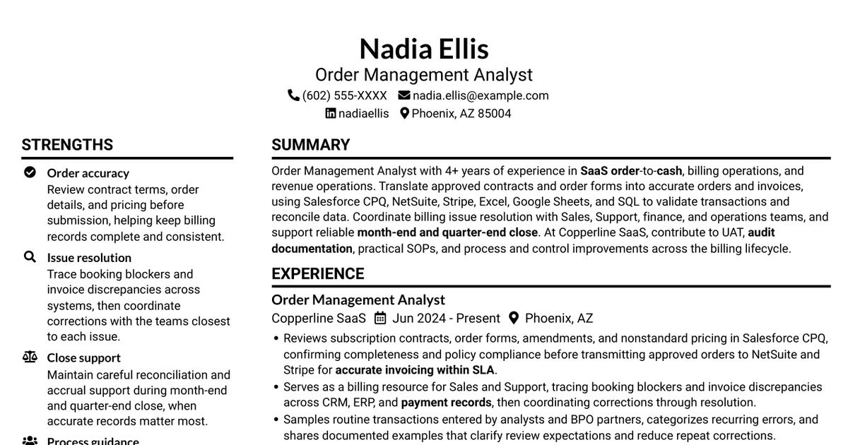 7 Senior Order Management Analyst - SaaS Billing Operations Resume Templates with Example