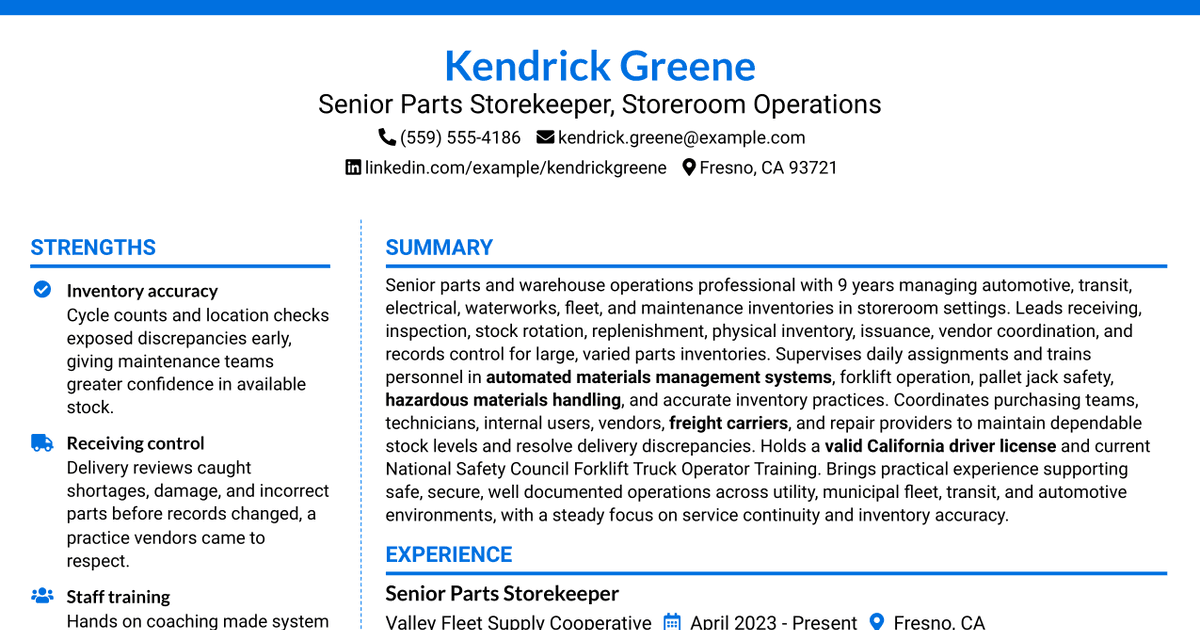 7 Senior Parts Storekeeper - Storeroom Operations Resume Templates with Example