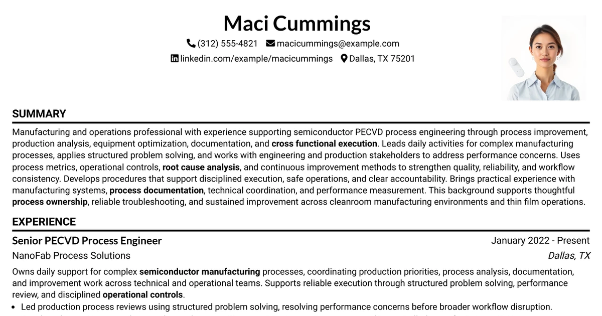 33 Senior PECVD Process Engineer - Semiconductor Manufacturing Resume Templates with Example