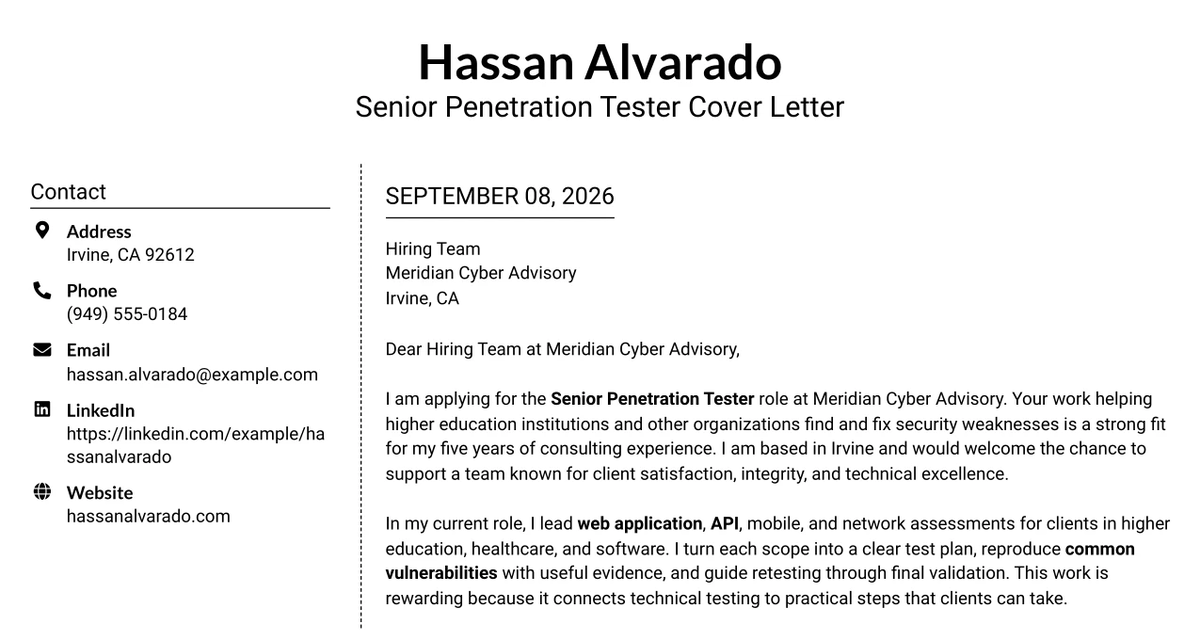30+ Senior Penetration Tester Cover Letter Templates with Example 2026