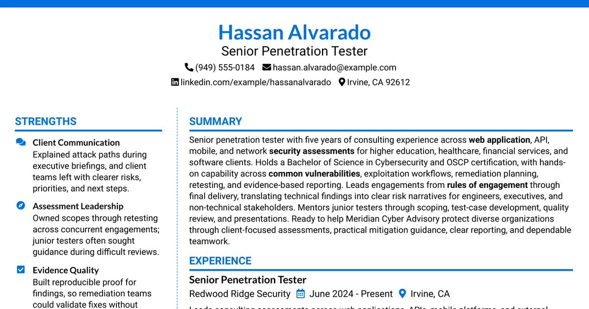 33 Senior Penetration Tester Resume Templates with Example 2026 (ATS-Optimized)