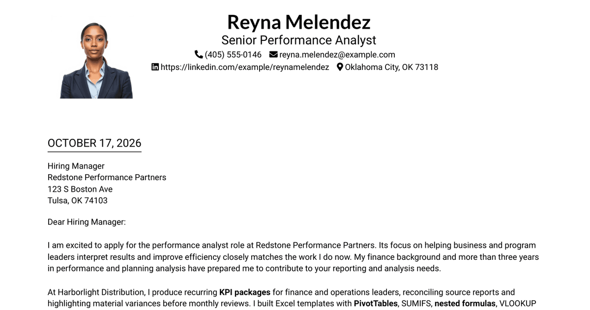 7 Senior Performance Analyst - KPI Reporting and Business Analysis Cover Letter Templates with Example
