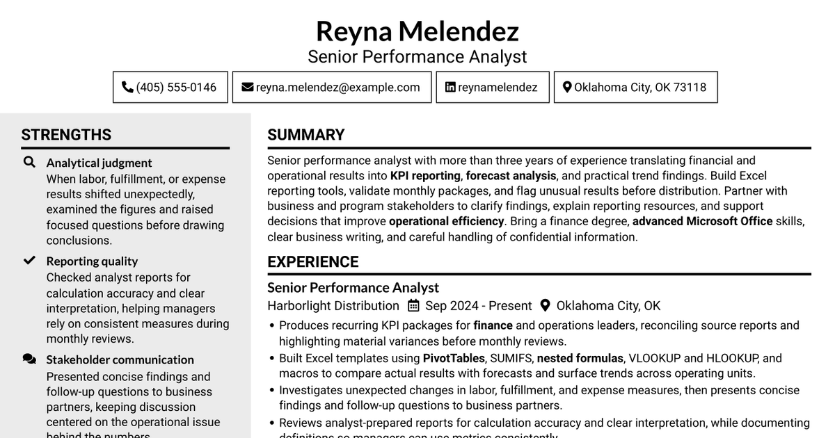 7 Senior Performance Analyst - KPI Reporting and Business Analysis Resume Templates with Example