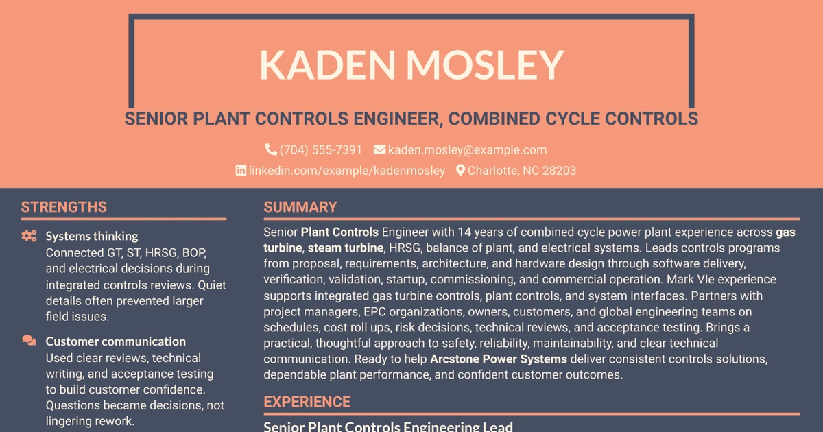 33 Senior Plant Controls Engineer - Combined Cycle Controls Resume Templates with Example 2026 (ATS-Optimized)