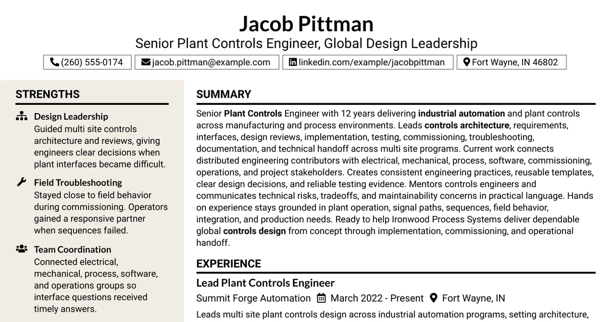 33 Senior Plant Controls Engineer - Global Design Leadership Resume Templates with Example 2026 (ATS-Optimized)