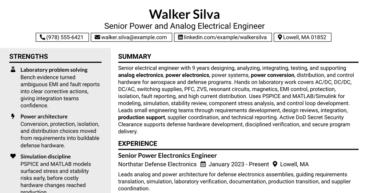 7 Senior Power & Analog Electrical Engineer Resume Templates with Example