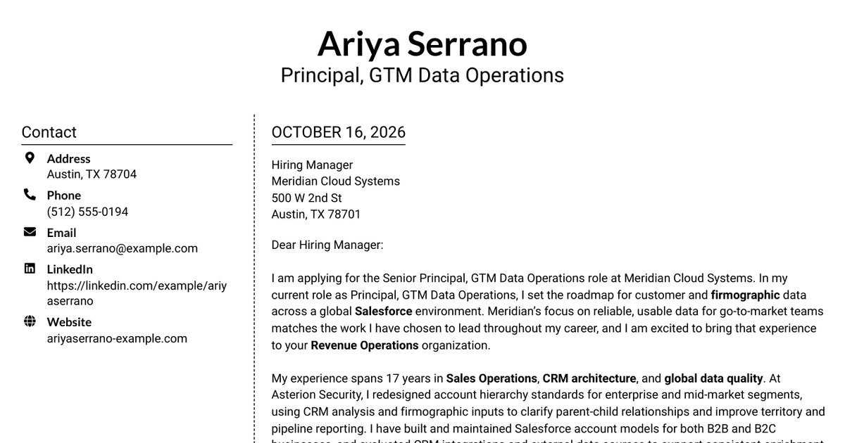 7 Senior Principal, GTM Data Operations Cover Letter Templates with Example