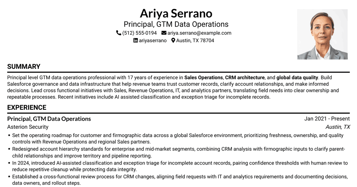 7 Senior Principal, GTM Data Operations Resume Templates with Example
