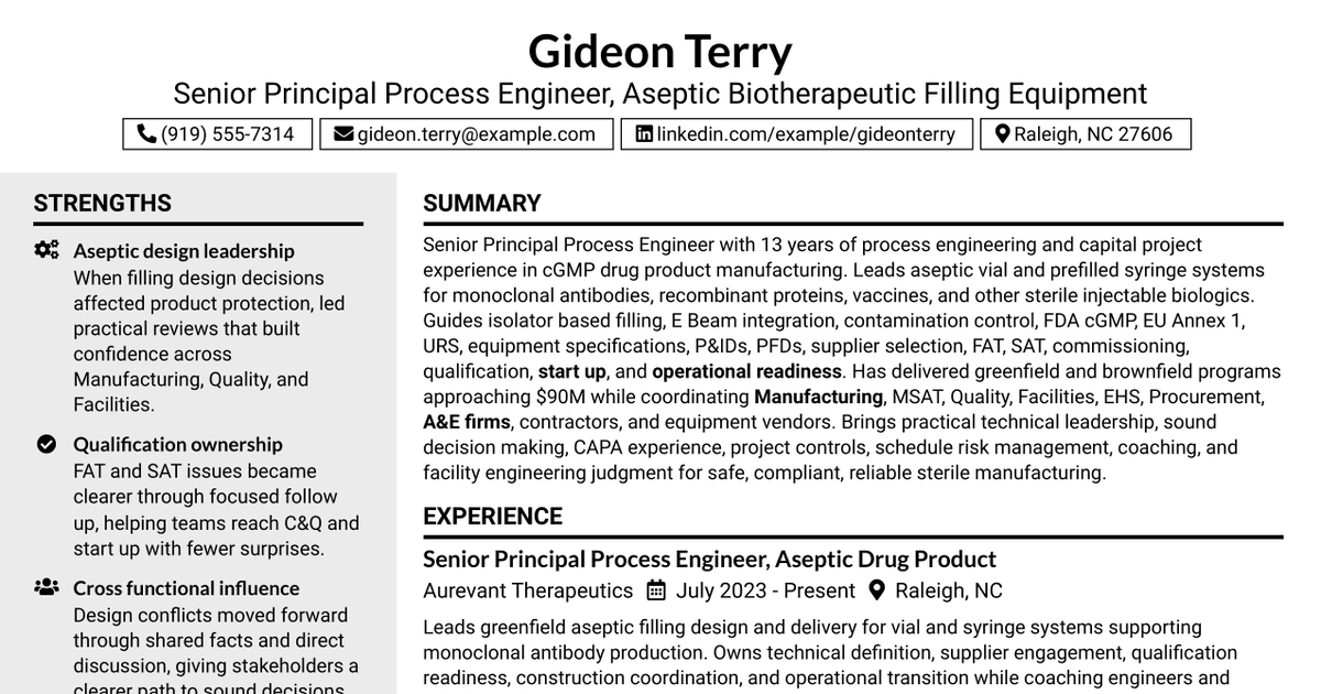 7 Senior Principal Process Engineer - DP Aseptic Biotherapeutic Filling Equipment Resume Templates with Example