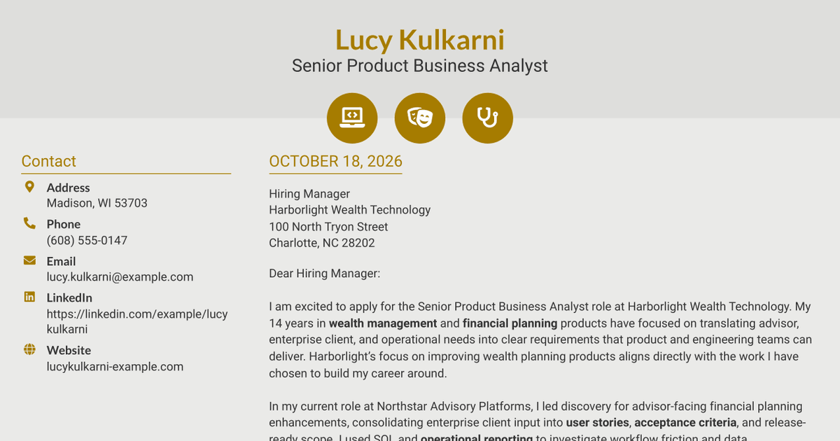 7 Senior Product Business Analyst - Wealth Planning Cover Letter Templates with Example