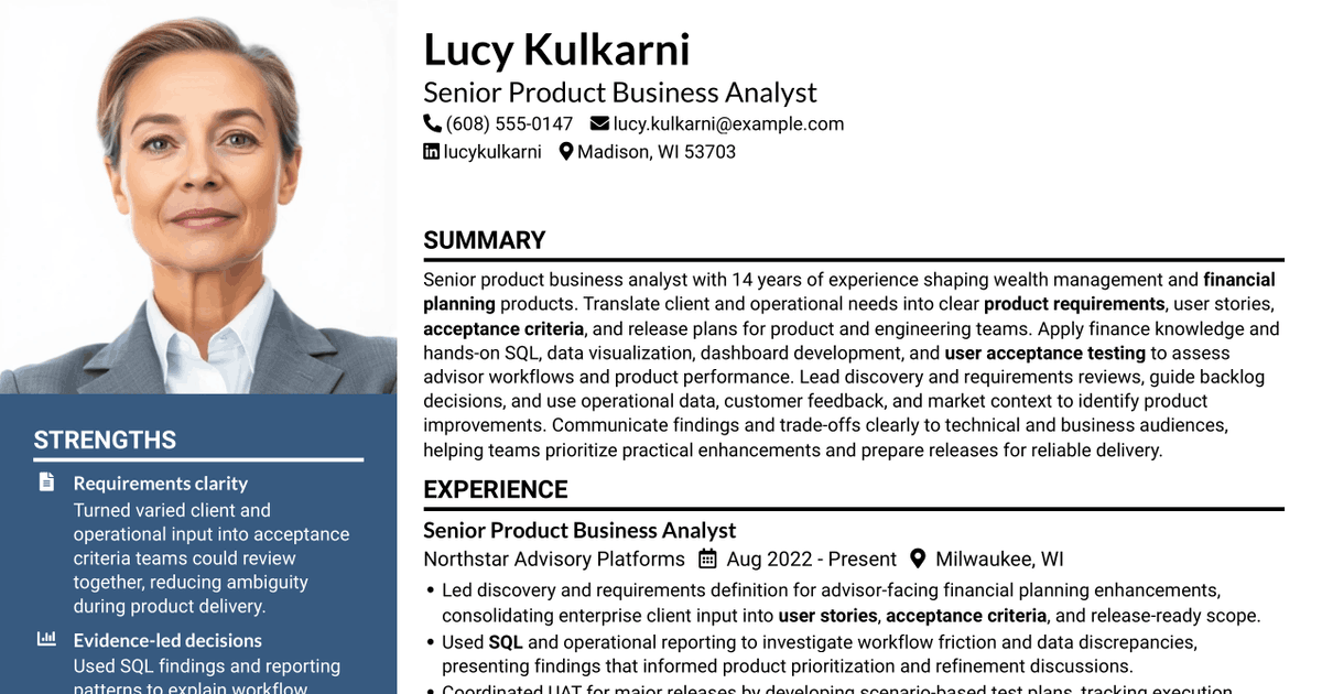 7 Senior Product Business Analyst - Wealth Planning Resume Templates with Example