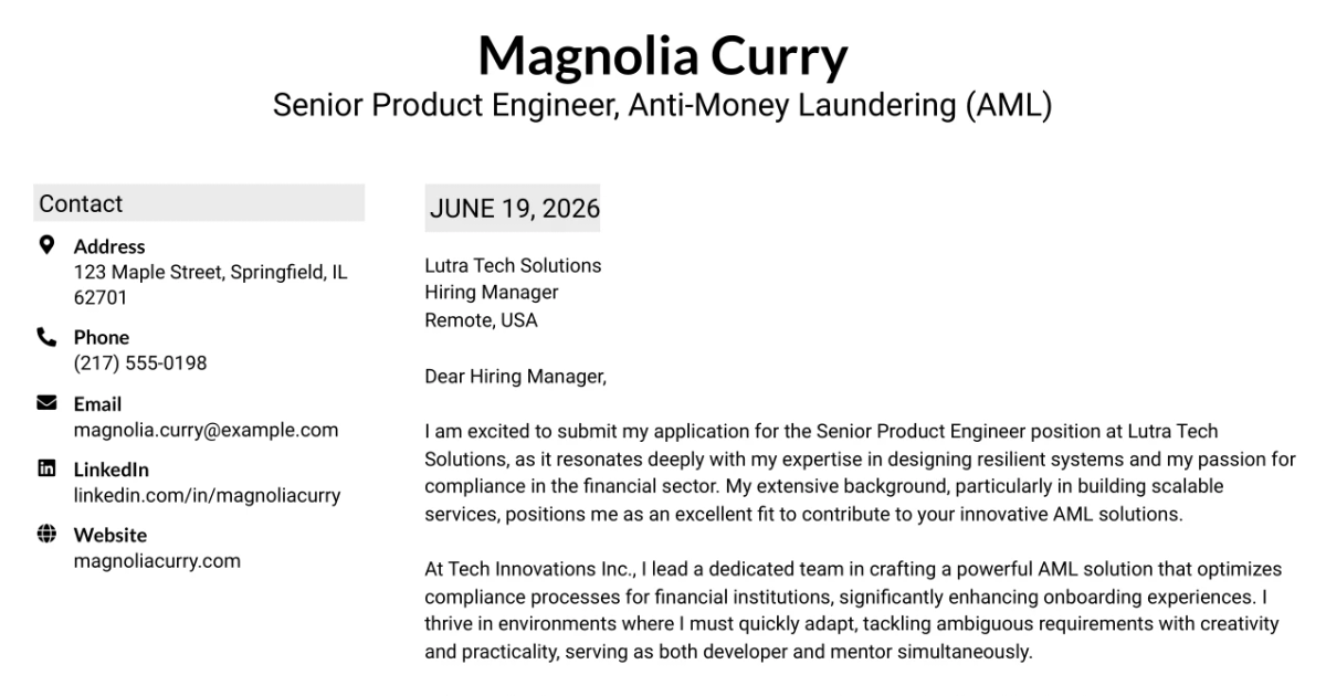 30+ Senior Product Engineer, Anti-Money Laundering (AML) Cover Letter Templates with Example 2026