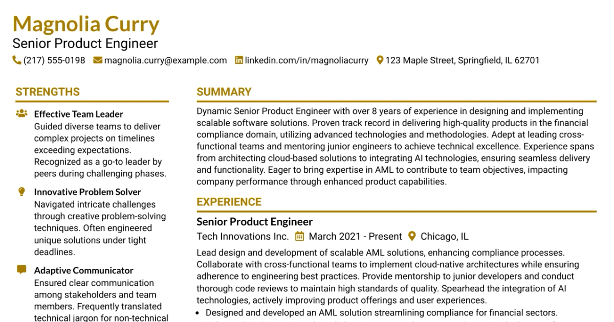 33 Senior Product Engineer, Anti-Money Laundering (AML) Resume Templates with Example 2026 (ATS-Optimized)