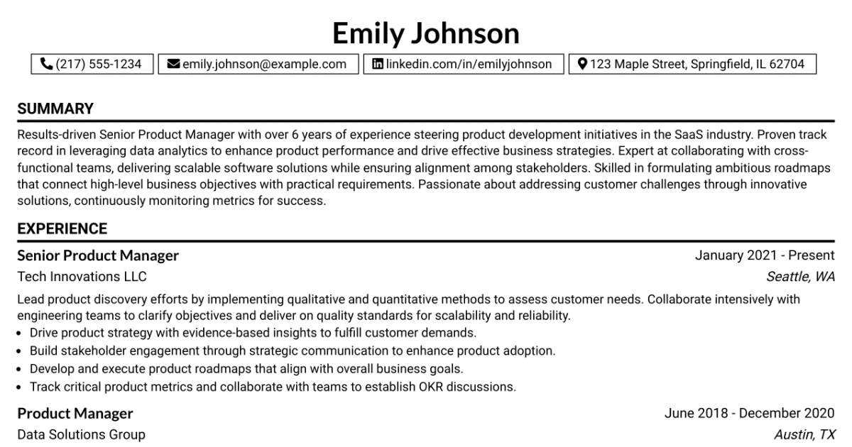 33 Senior Product Manager, Agile & SaaS Resume Templates with Example 2026 (ATS-Optimized)