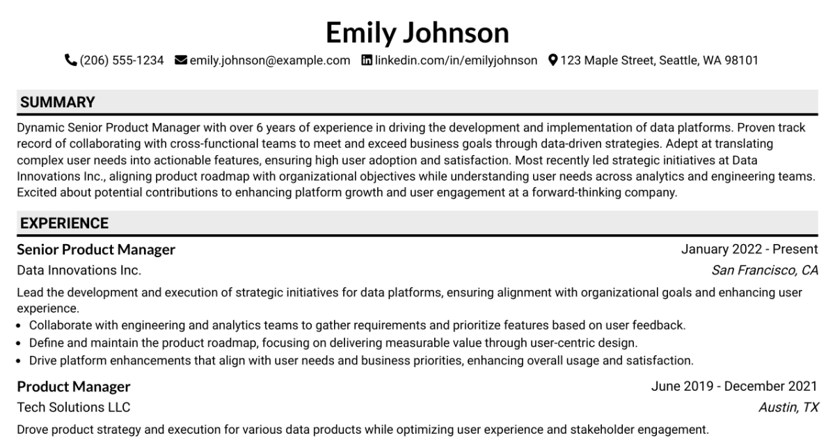 33 Senior Product Manager (Data Platforms) Resume Templates with Example 2026 (ATS-Optimized)