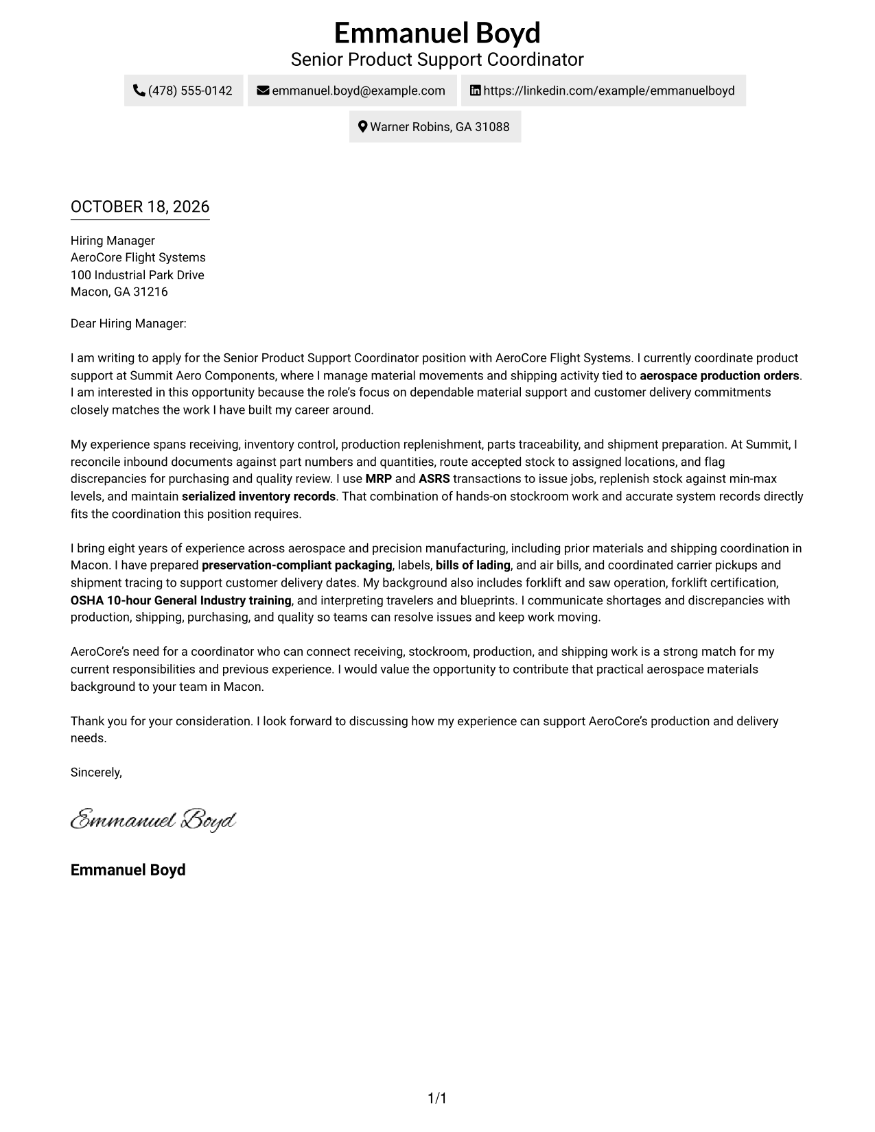 Cover letter example — page 1