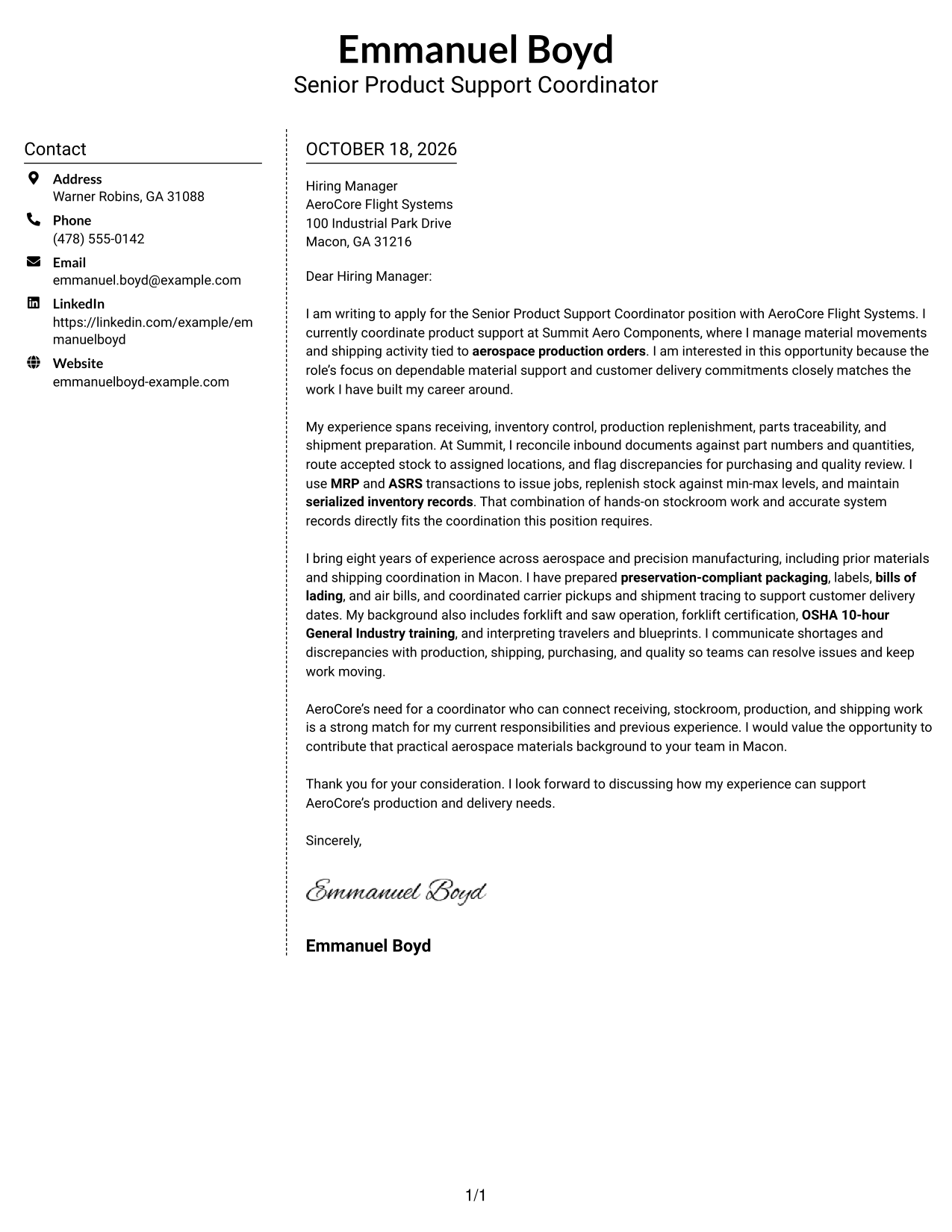 Cover letter example — page 1