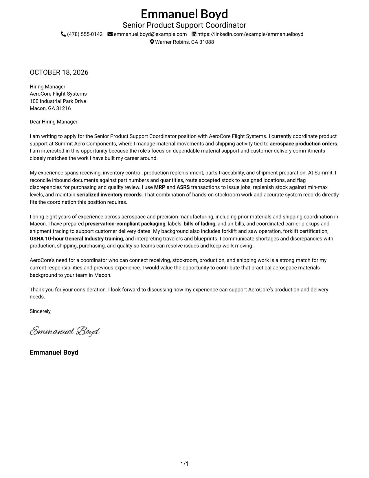 Cover letter example — page 1