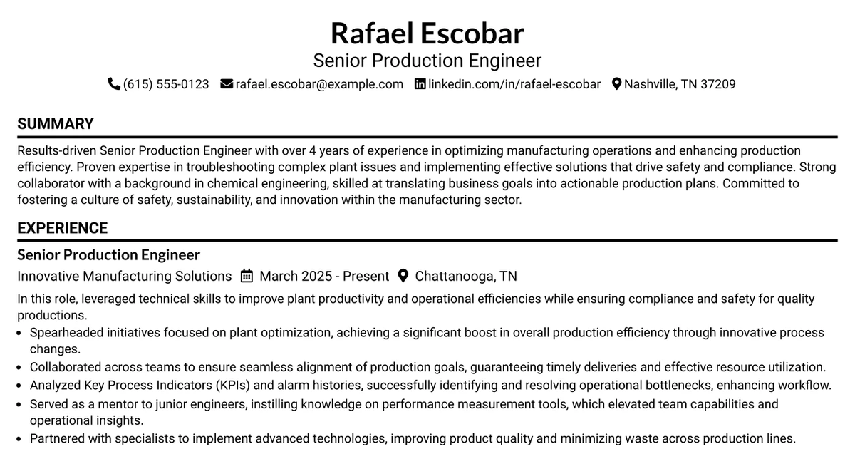 33 Senior Production Engineer Resume Templates with Example 2026 (ATS-Optimized)