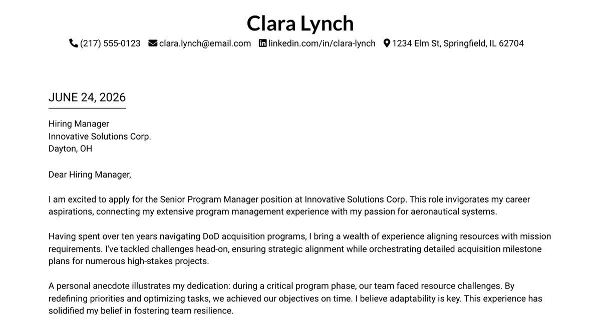 30+ Senior Program Manager - Execution Support Cover Letter Templates with Example 2026