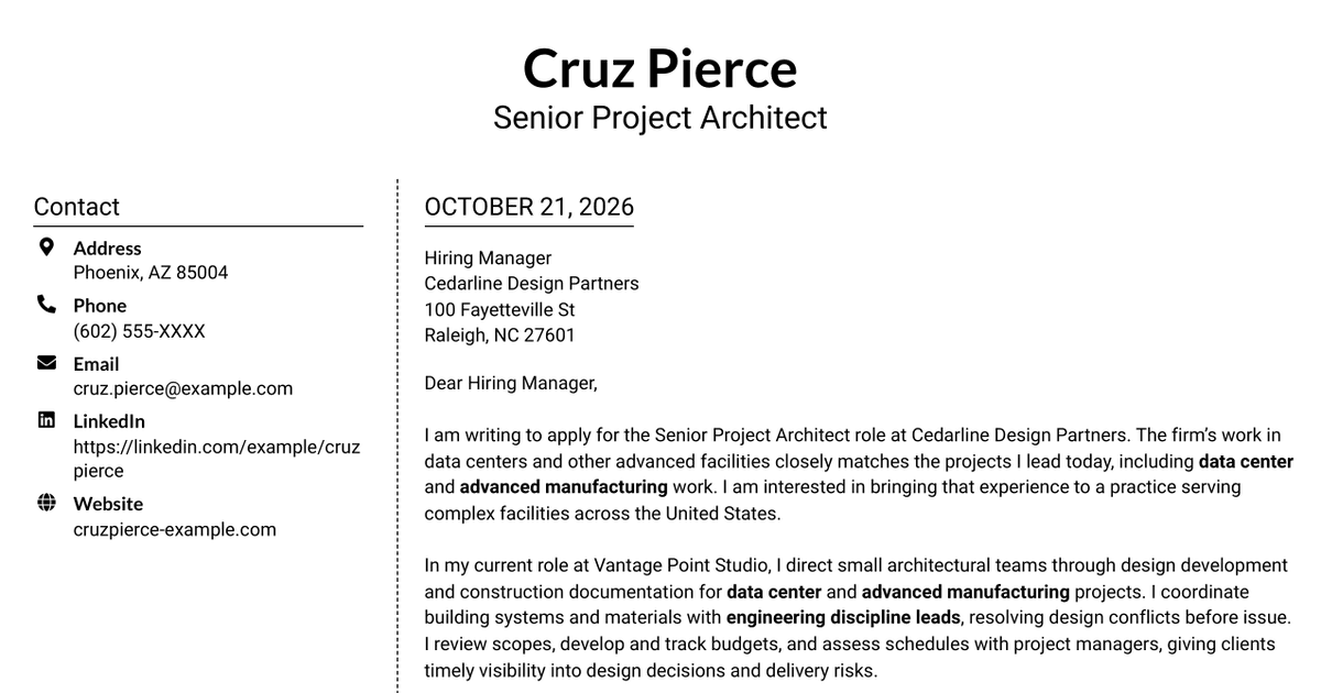 7 Senior Project Architect - Data Centers Cover Letter Templates with Example
