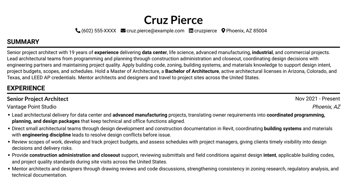 7 Senior Project Architect - Data Centers Resume Templates with Example