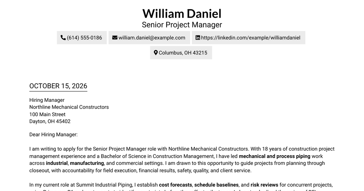 7 Senior Project Manager - Mechanical and Process Piping Cover Letter Templates with Example