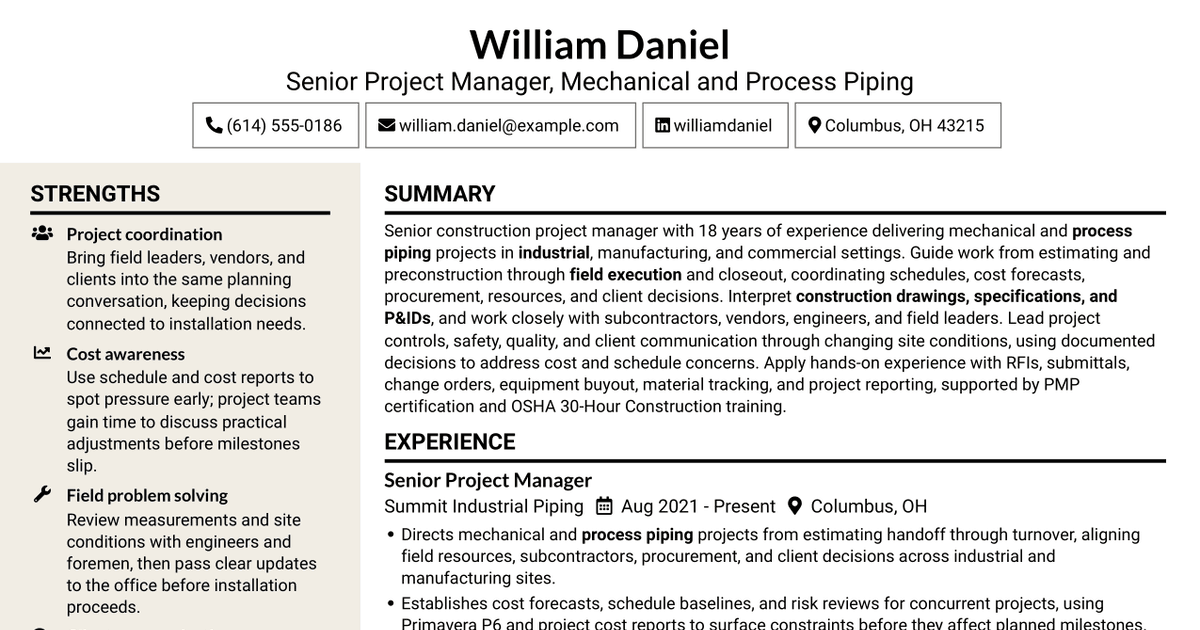 7 Senior Project Manager - Mechanical and Process Piping Resume Templates with Example
