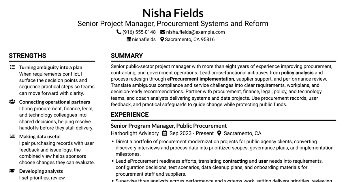 7 Senior Project Manager - Procurement Systems and Reform Resume Templates with Example