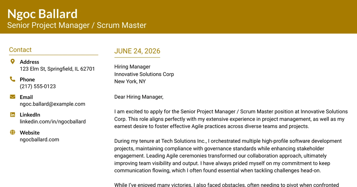 30+ Senior Project Manager / Scrum Master Cover Letter Templates with Example 2026