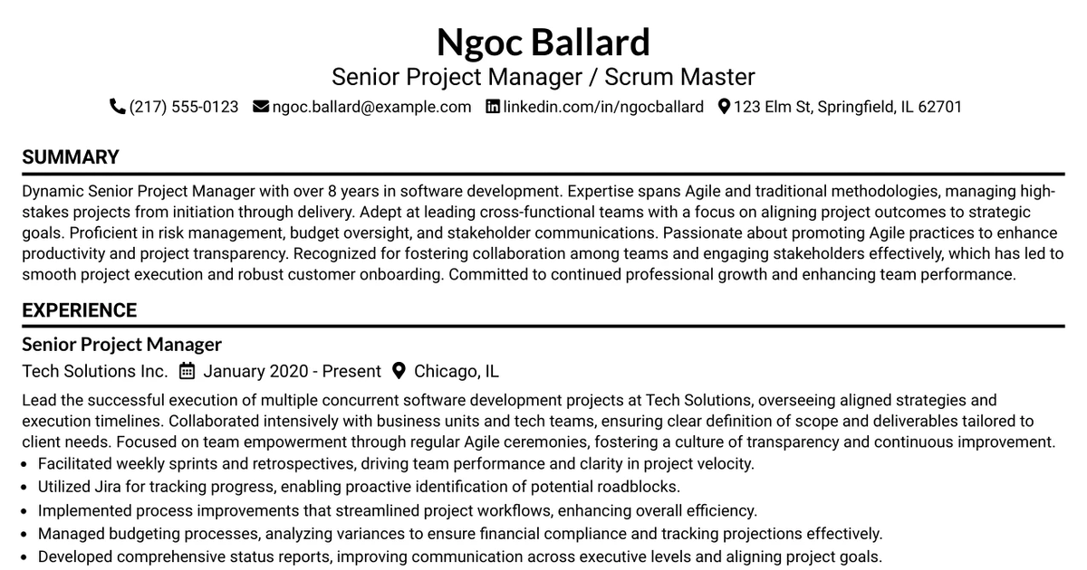 33 Senior Project Manager / Scrum Master Resume Templates with Example 2026 (ATS-Optimized)