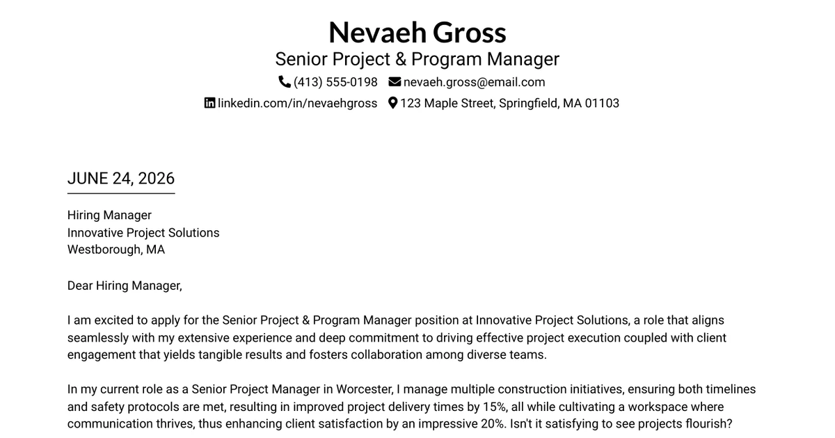30+ Senior Project & Program Manager Cover Letter Templates with Example 2026
