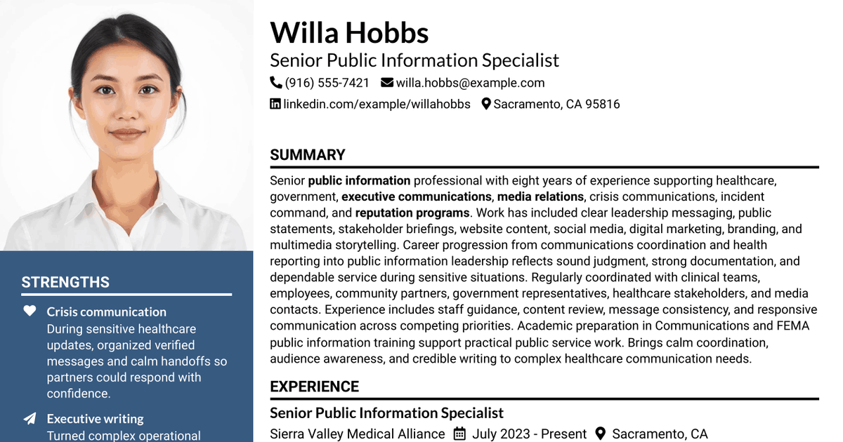 7 Senior Public Information Specialist Resume Templates with Example
