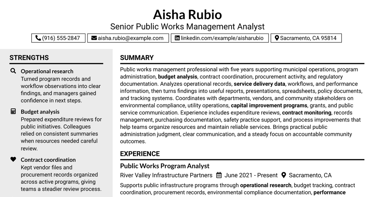 7 Senior Public Works Management Analyst Resume Templates with Example