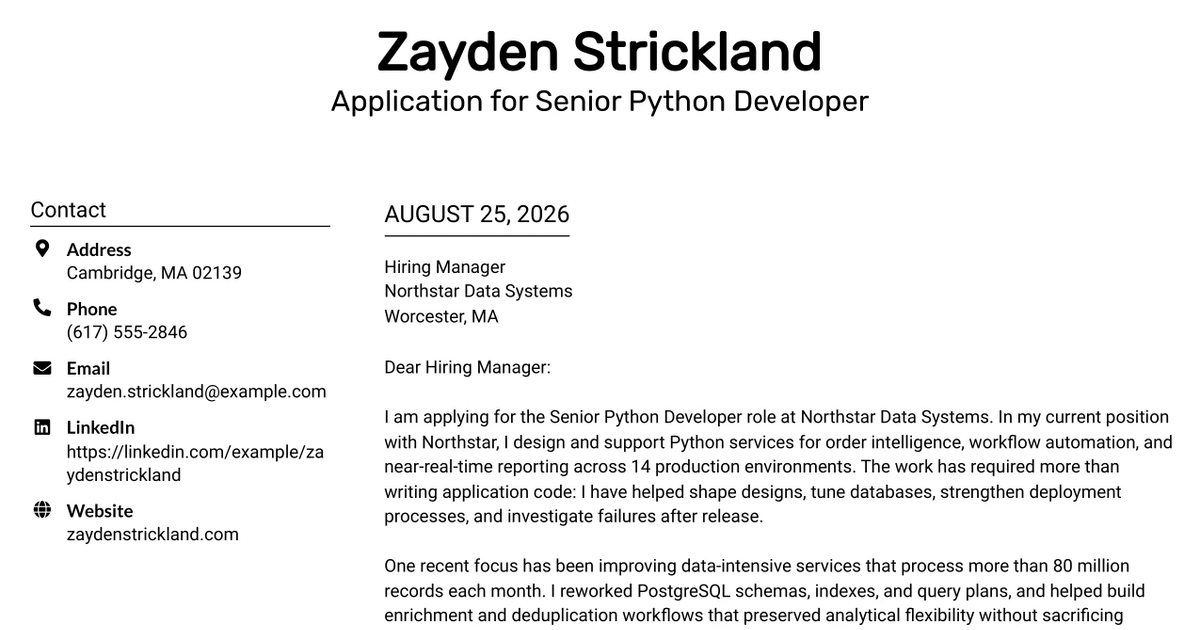 30+ Senior Python Developer Cover Letter Templates with Example 2026