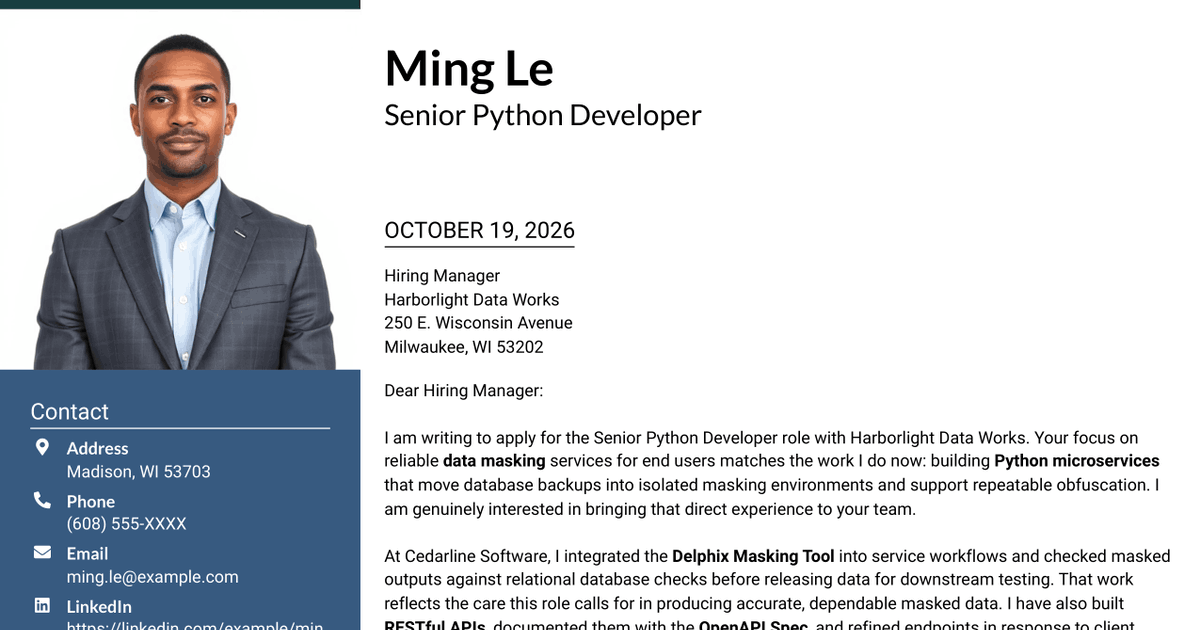 7 Senior Python Developer - Data Masking Cover Letter Templates with Example