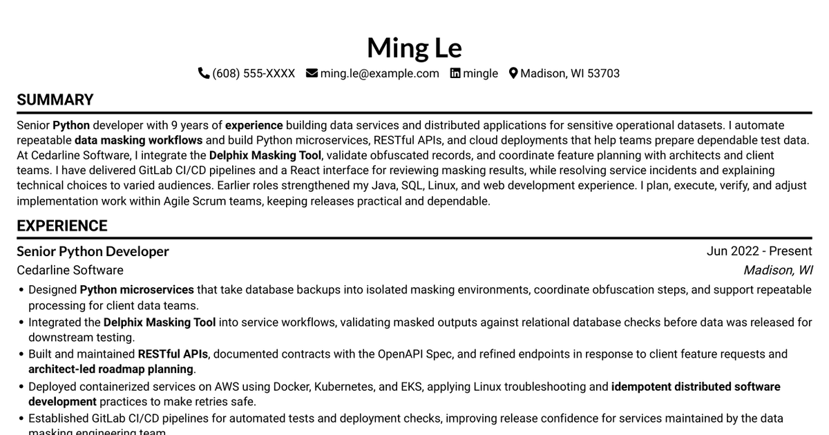 7 Senior Python Developer - Data Masking Resume Templates with Example