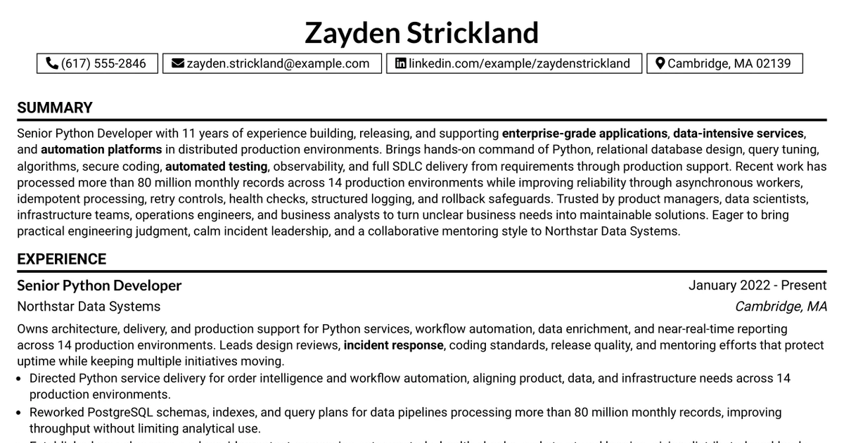 33 Senior Python Developer Resume Templates with Example 2026 (ATS-Optimized)
