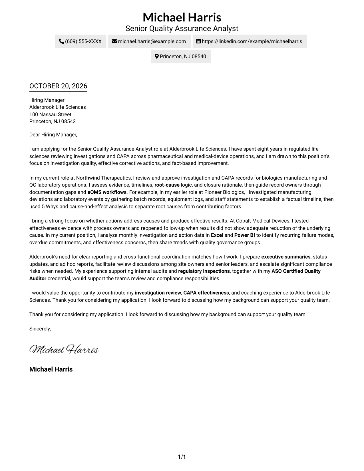 Cover letter example — page 1