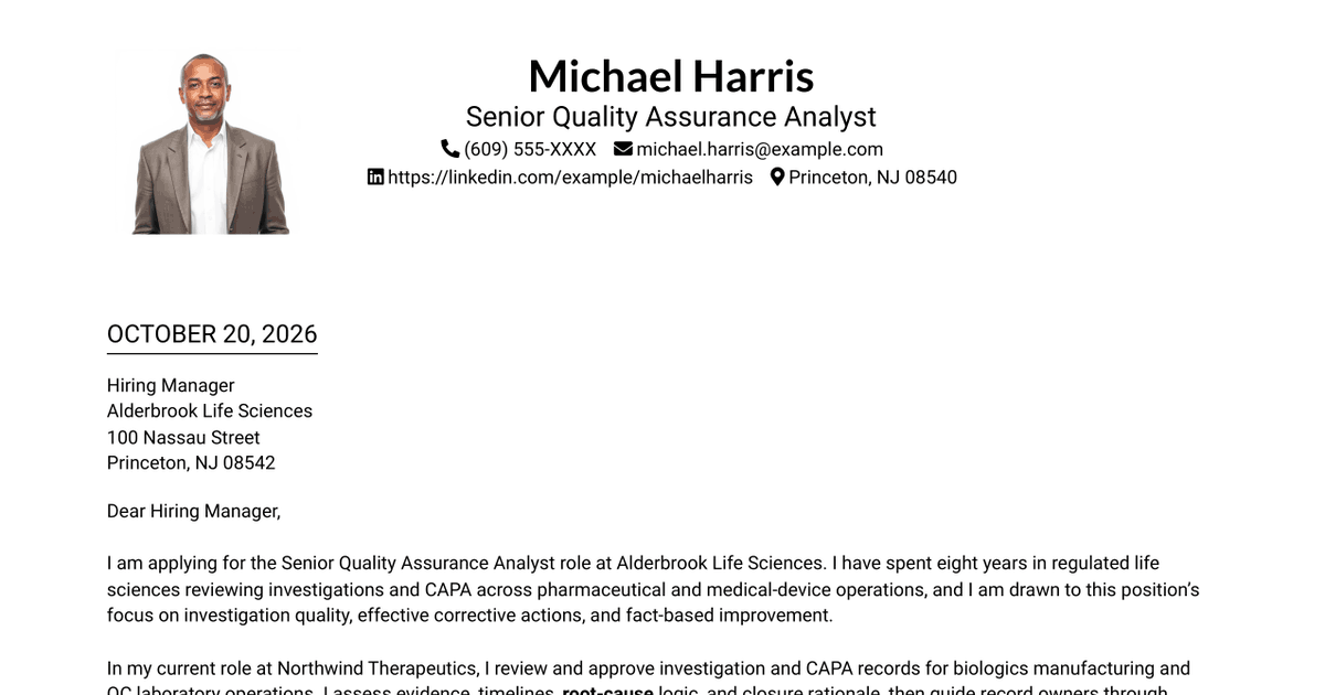 7 Senior Quality Assurance Analyst - Investigations and CAPA Cover Letter Templates with Example