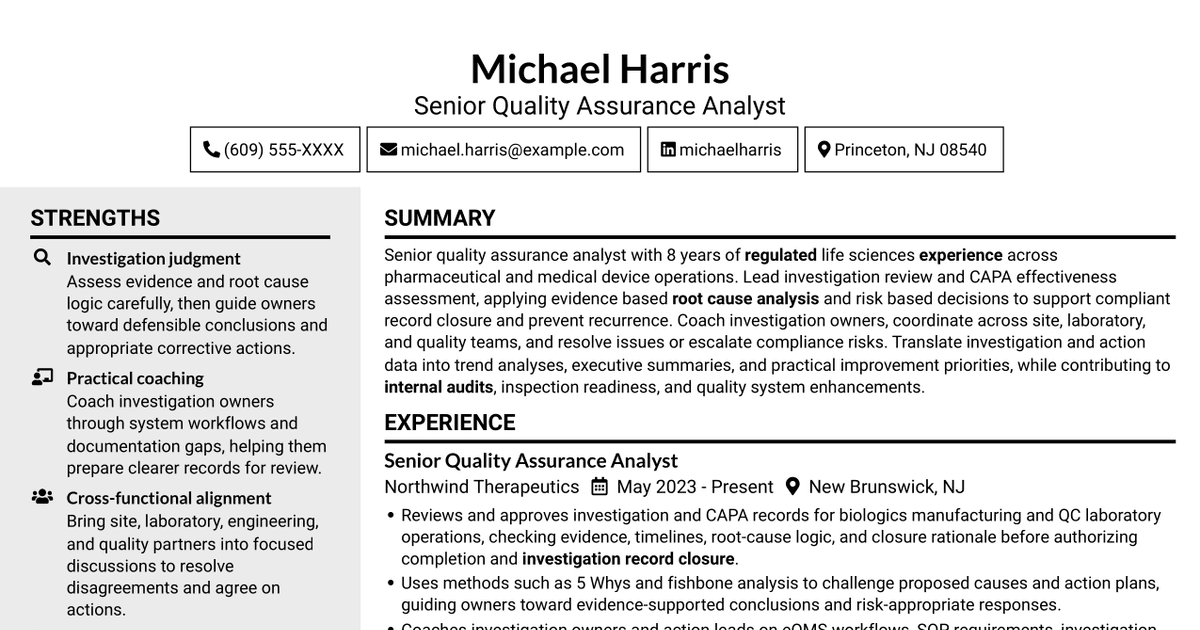 7 Senior Quality Assurance Analyst - Investigations and CAPA Resume Templates with Example