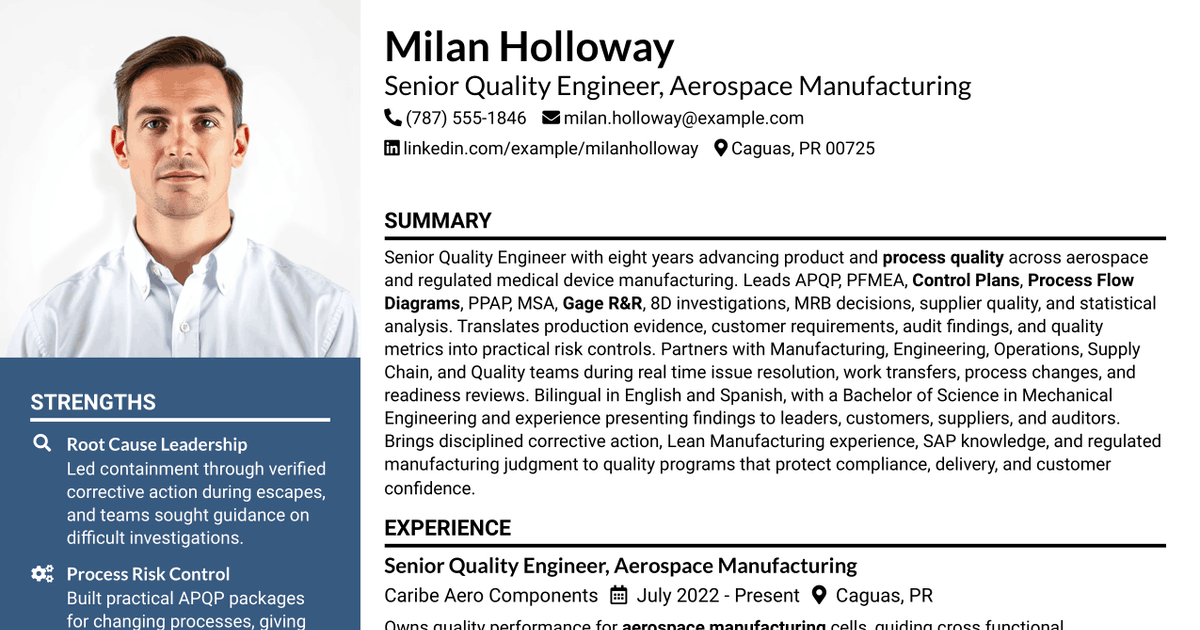 7 Senior Quality Engineer - Aerospace Manufacturing Resume Templates with Example