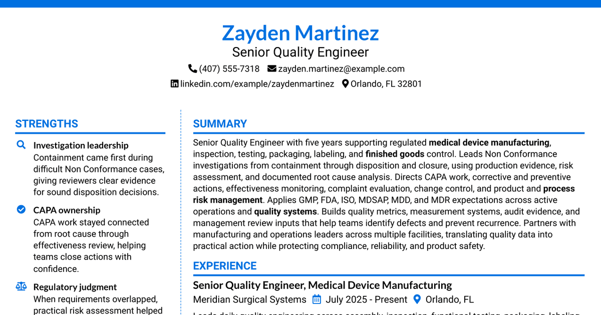 7 Senior Quality Engineer Resume Templates with Example