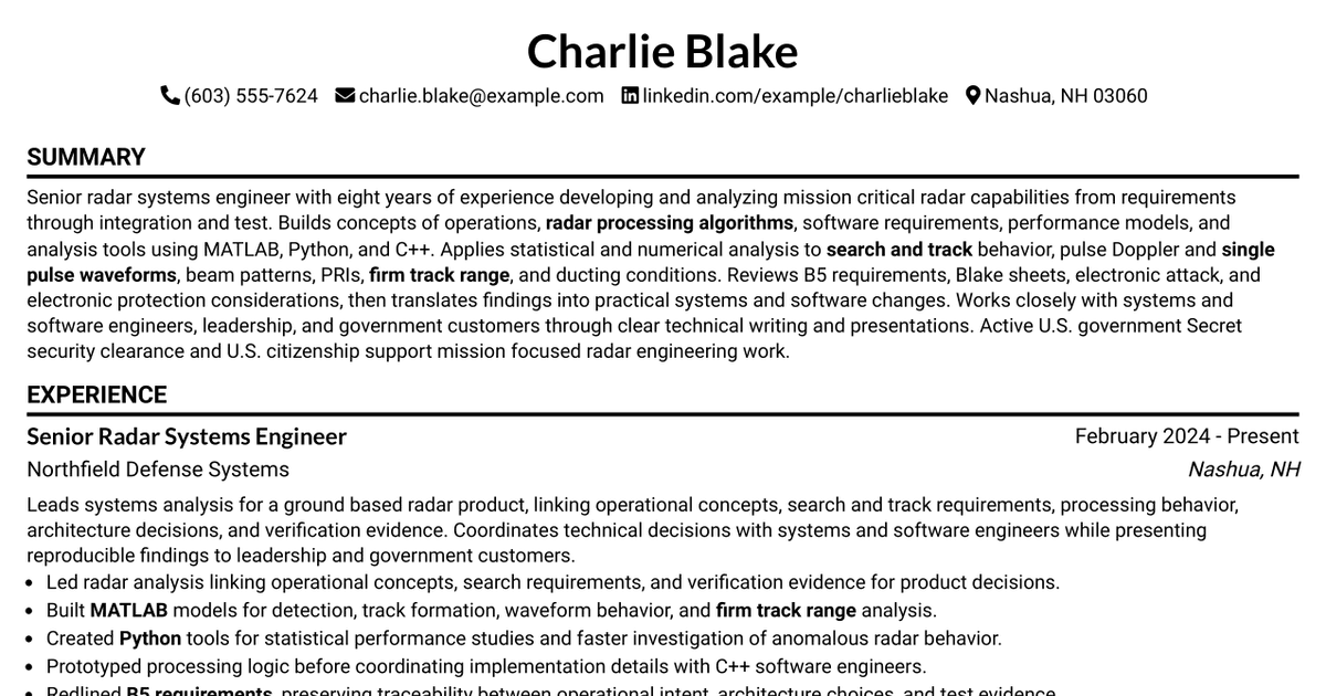 7 Senior Radar Systems Engineer Resume Templates with Example
