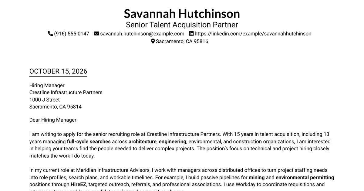 7 Senior Recruiter - Architecture, Engineering, and Construction Cover Letter Templates with Example
